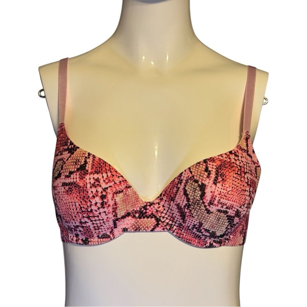 Juicy Couture padded push up bra 34B pink and black, snakeskin pattern.